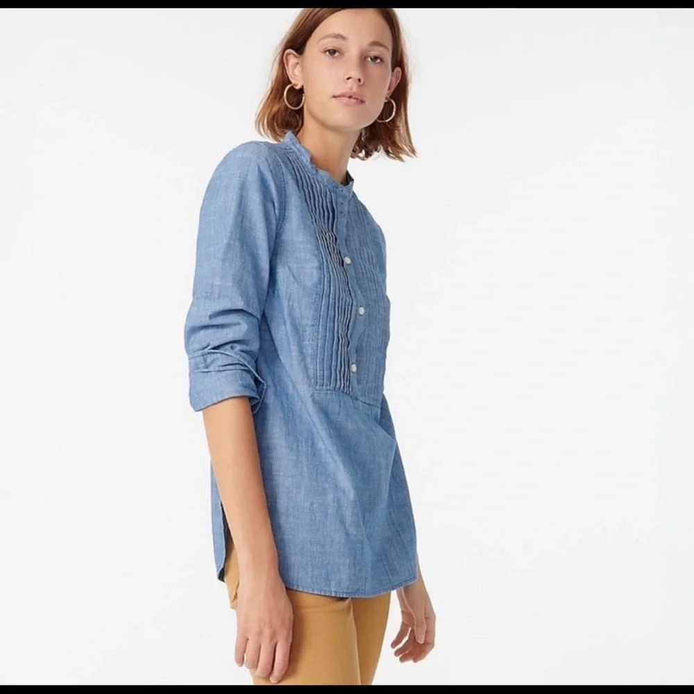 J. Crew Light Blue Pintuck Front Denim-Style Blouse